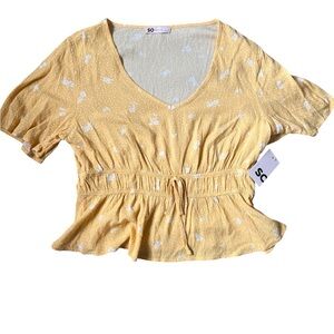 SO Yellow Peplum Floral Tie Waist Blouse | L
